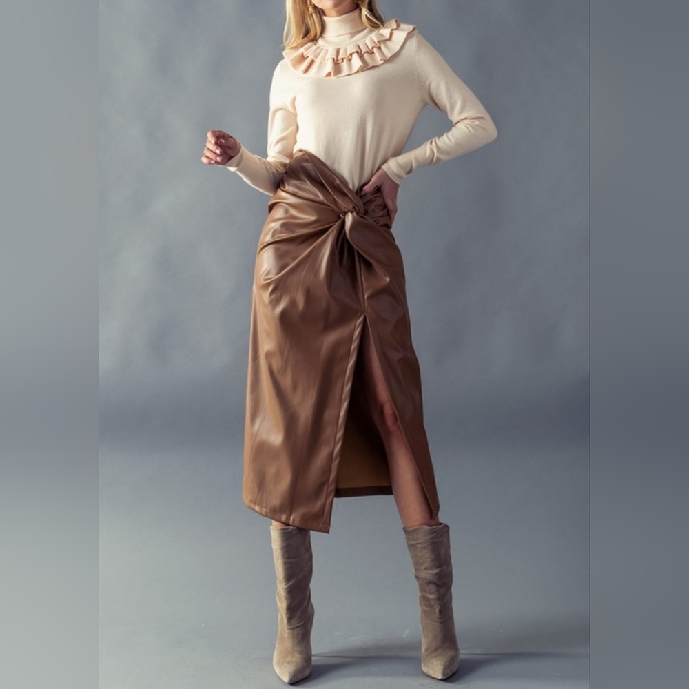 #18324 🛑S BOHO SEXY VEGAN LEATHER KNOTTED SIDE SLIT LONG SKIRT - Picture 2 of 7
